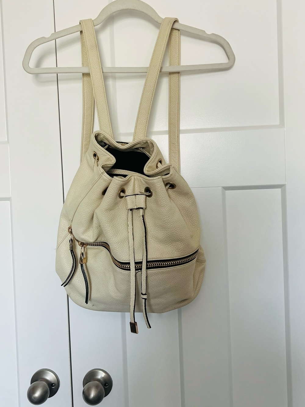Cream Drawstring Leather Backpack Purse